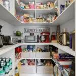 Walk-in pantry next the the double-size built-in refrigerator.